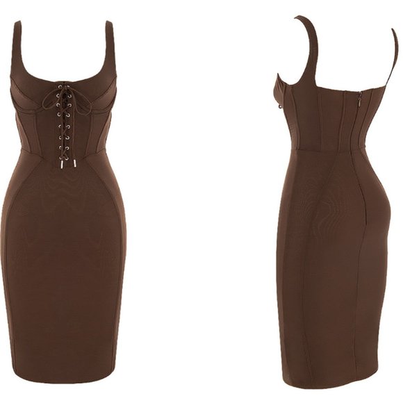 HOUSE OF CB 'Simona' Chocolate Lace Up Corset Midi Dress NWOT - Picture 5 of 9
